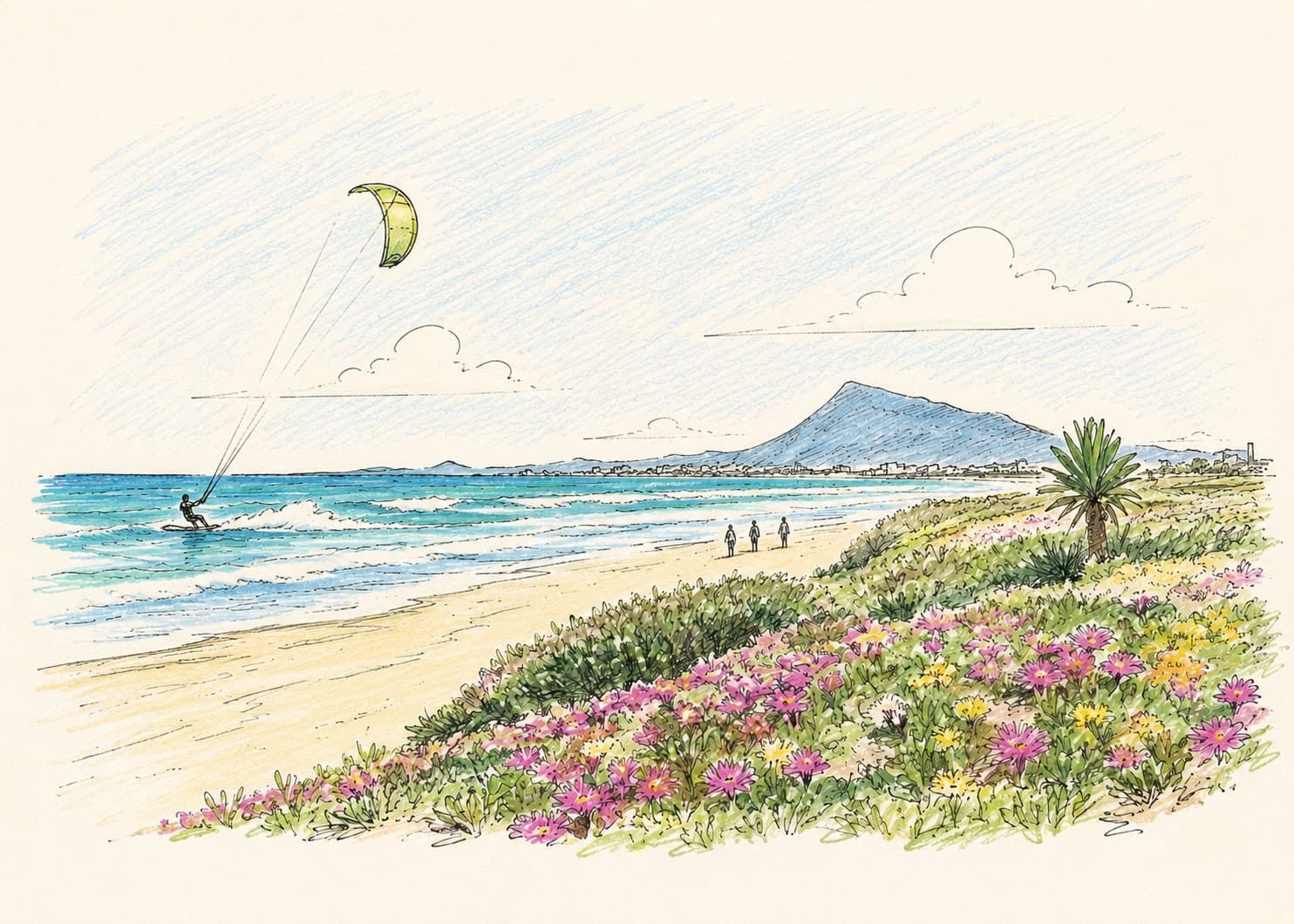 Duna con flores y un kitesurfista en la playa de La Casa de la Ola
